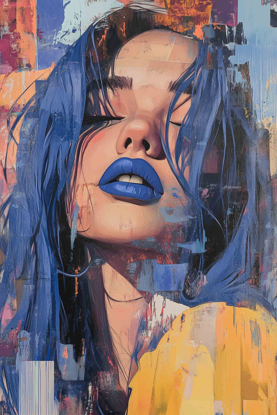 Frau mit blauem Haar und blauem Lippenstift