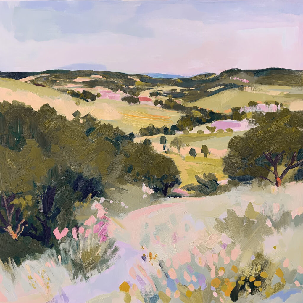 Painting of a landscape with trees and hills