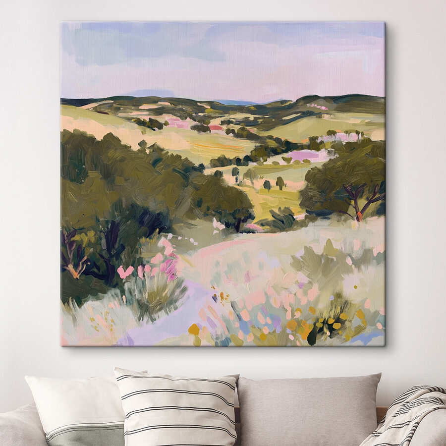 Gemälde einer Landschaft mit Bäumen und Hügeln Gemälde einer Landschaft mit Bäumen und Hügeln