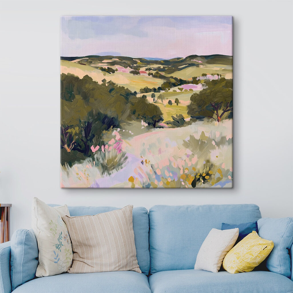 Painting of a landscape with trees and hills