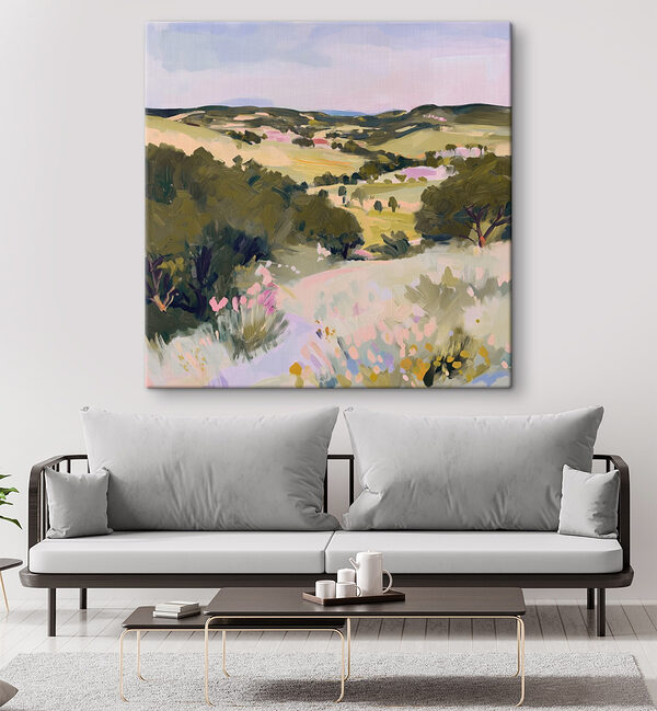 Gemälde einer Landschaft mit Bäumen und Hügeln Gemälde einer Landschaft mit Bäumen und Hügeln