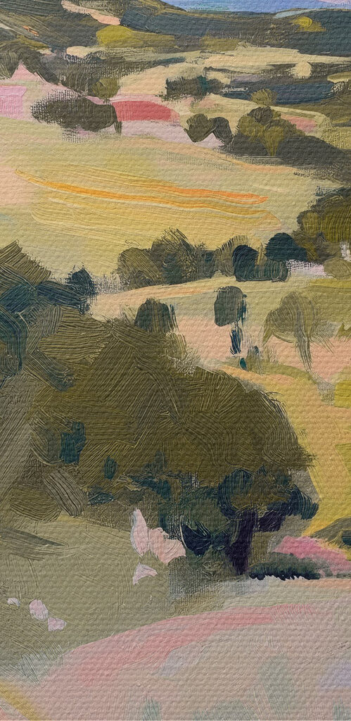 Painting of a landscape with trees and hills
