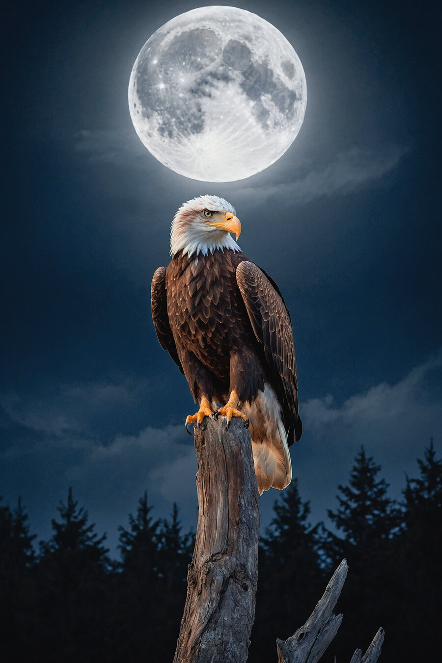 Weißkopfseeadler auf einem Pfahl mit Vollmond im Hintergrund Weißkopfseeadler auf einem Pfahl mit Vollmond im Hintergrund