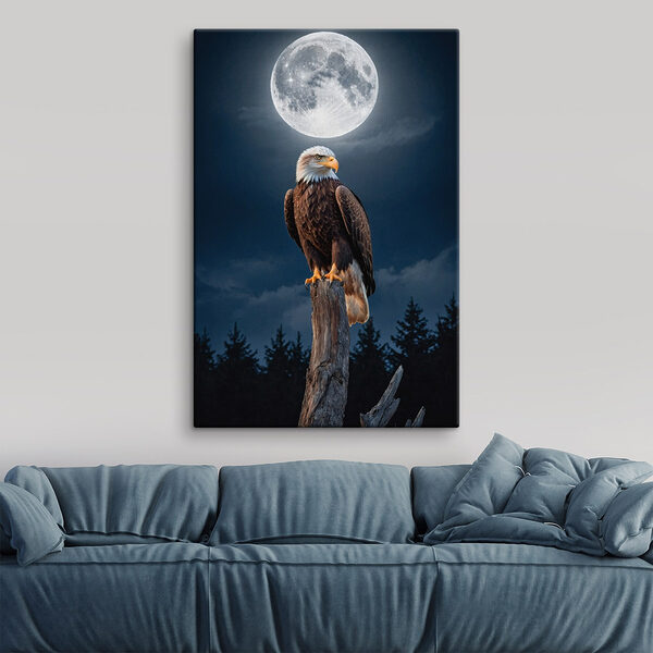 Weißkopfseeadler auf einem Pfahl mit Vollmond im Hintergrund Weißkopfseeadler auf einem Pfahl mit Vollmond im Hintergrund