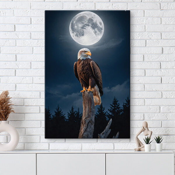 Weißkopfseeadler auf einem Pfahl mit Vollmond im Hintergrund Weißkopfseeadler auf einem Pfahl mit Vollmond im Hintergrund