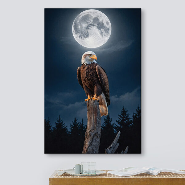 Weißkopfseeadler auf einem Pfahl mit Vollmond im Hintergrund Weißkopfseeadler auf einem Pfahl mit Vollmond im Hintergrund
