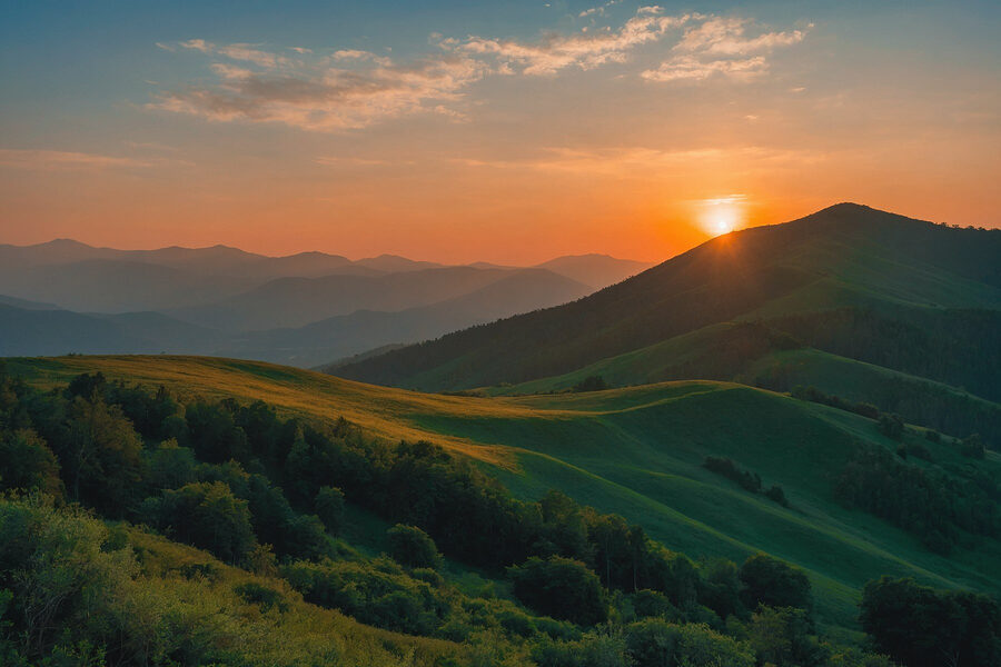 Sonnenuntergang über einem grünen Hügel Sonnenuntergang über einem grünen Hügel