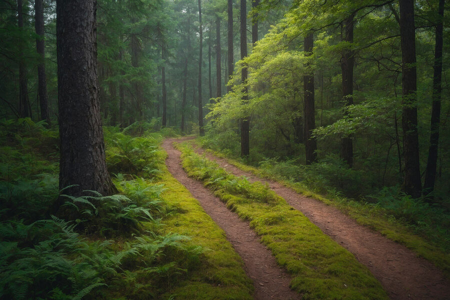 Schotterstraße durch einen Wald