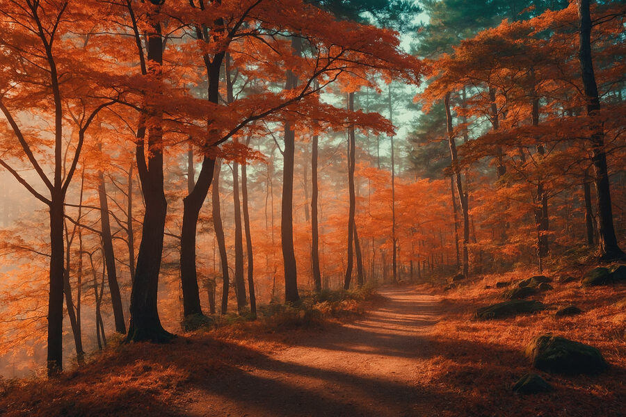 Pfad durch einen Wald mit orangefarbenen Blättern