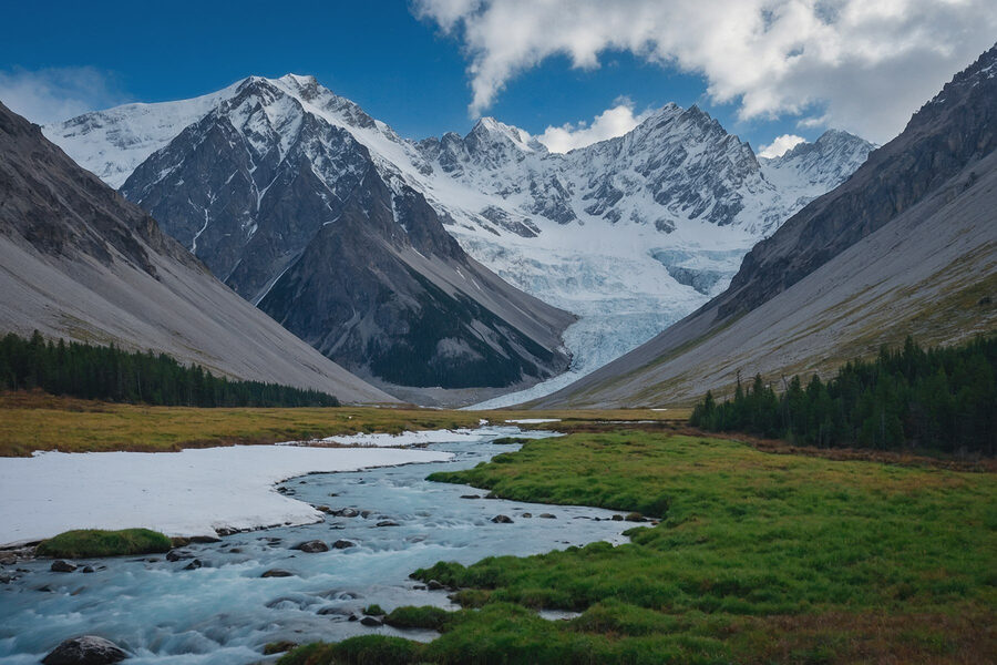 Ein Fluss fließt durch ein Tal mit schneebedeckten Bergen