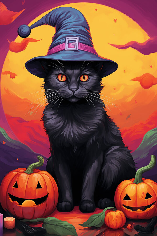 Schwarze Katze mit Personenhut und Kürbissen Schwarze Katze mit Personenhut und Kürbissen