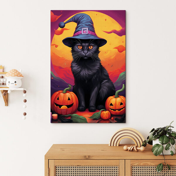 Schwarze Katze mit Personenhut und Kürbissen Schwarze Katze mit Personenhut und Kürbissen