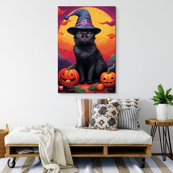 Schwarze Katze mit Personenhut und Kürbissen Schwarze Katze mit Personenhut und Kürbissen