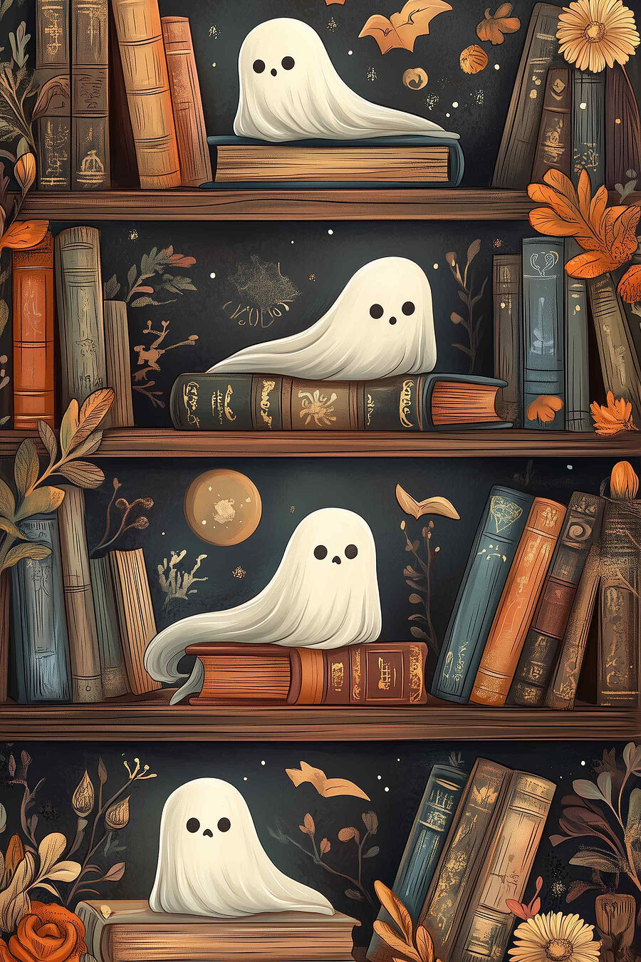 Bücherregal voller Bücher mit Gespenstern