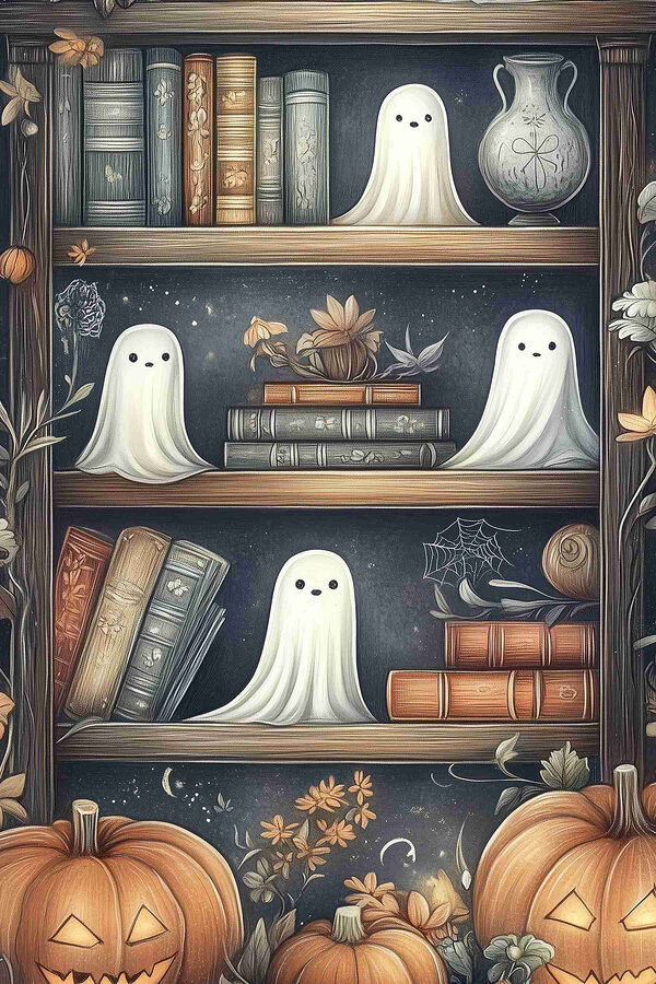 Bücherregal mit Gespenstern und Büchern Bücherregal mit Gespenstern und Büchern