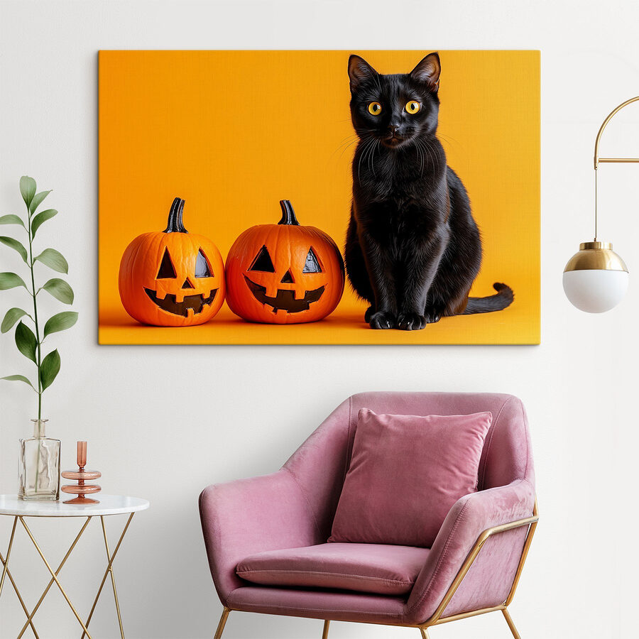 Schwarze Katze sitzt neben zwei geschnitzten Kürbissen