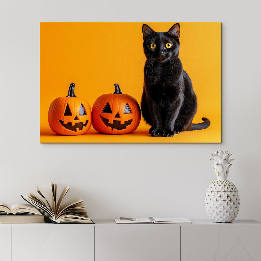 Schwarze Katze sitzt neben zwei geschnitzten Kürbissen