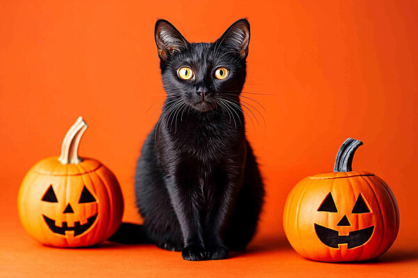 Schwarze Katze sitzt neben zwei Kürbissen Schwarze Katze sitzt neben zwei Kürbissen