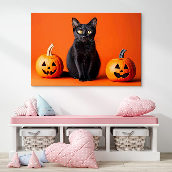 Schwarze Katze sitzt neben zwei Kürbissen Schwarze Katze sitzt neben zwei Kürbissen