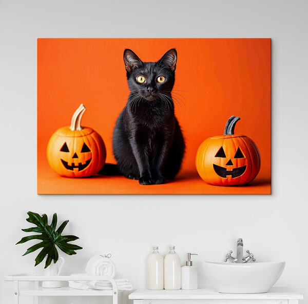 Schwarze Katze sitzt neben zwei Kürbissen Schwarze Katze sitzt neben zwei Kürbissen
