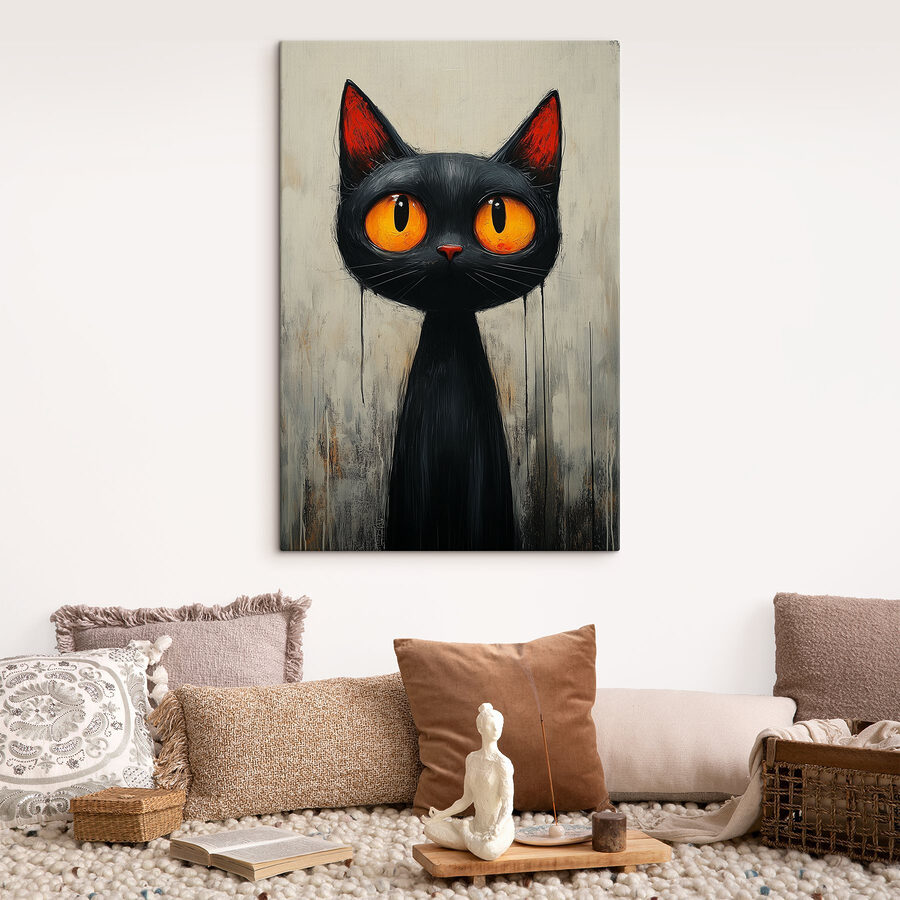 Schwarze Katze mit orangefarbenen Augen
