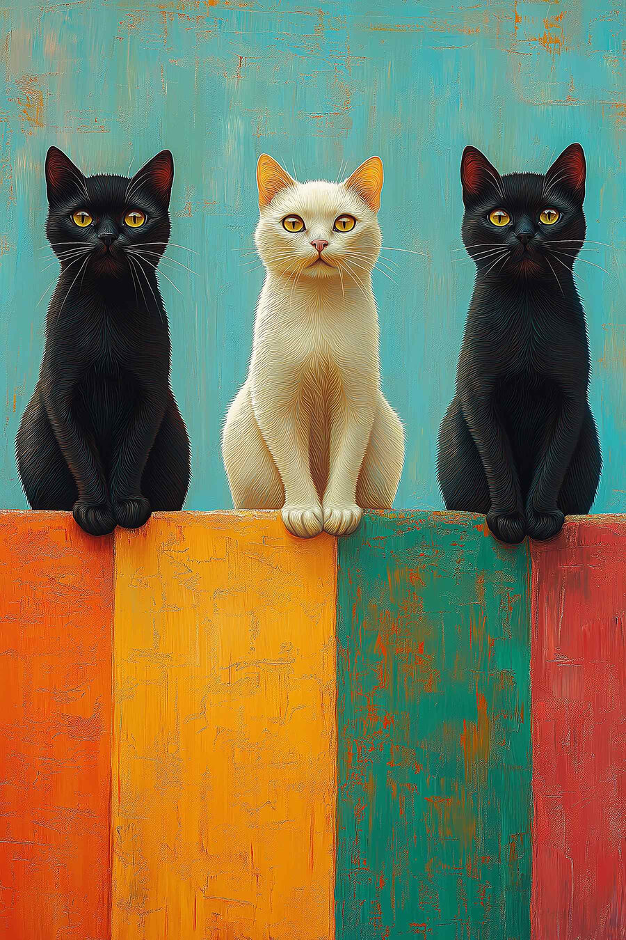Gruppe von Katzen, die auf einer Mauer sitzen Gruppe von Katzen, die auf einer Mauer sitzen