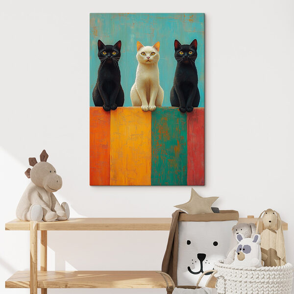 Gruppe von Katzen, die auf einer Mauer sitzen Gruppe von Katzen, die auf einer Mauer sitzen