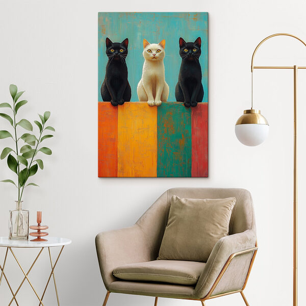 Gruppe von Katzen, die auf einer Mauer sitzen Gruppe von Katzen, die auf einer Mauer sitzen