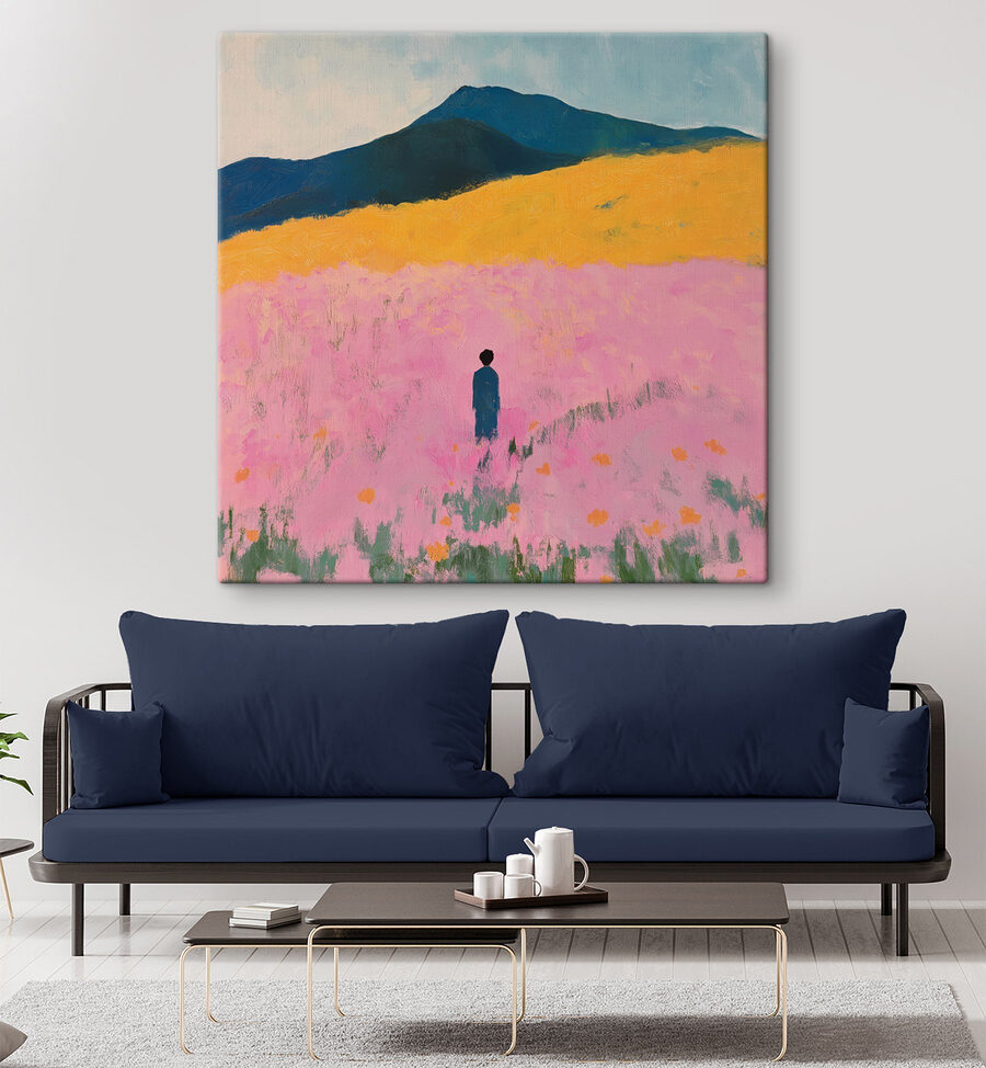 In einem Blumenfeld stehende Person