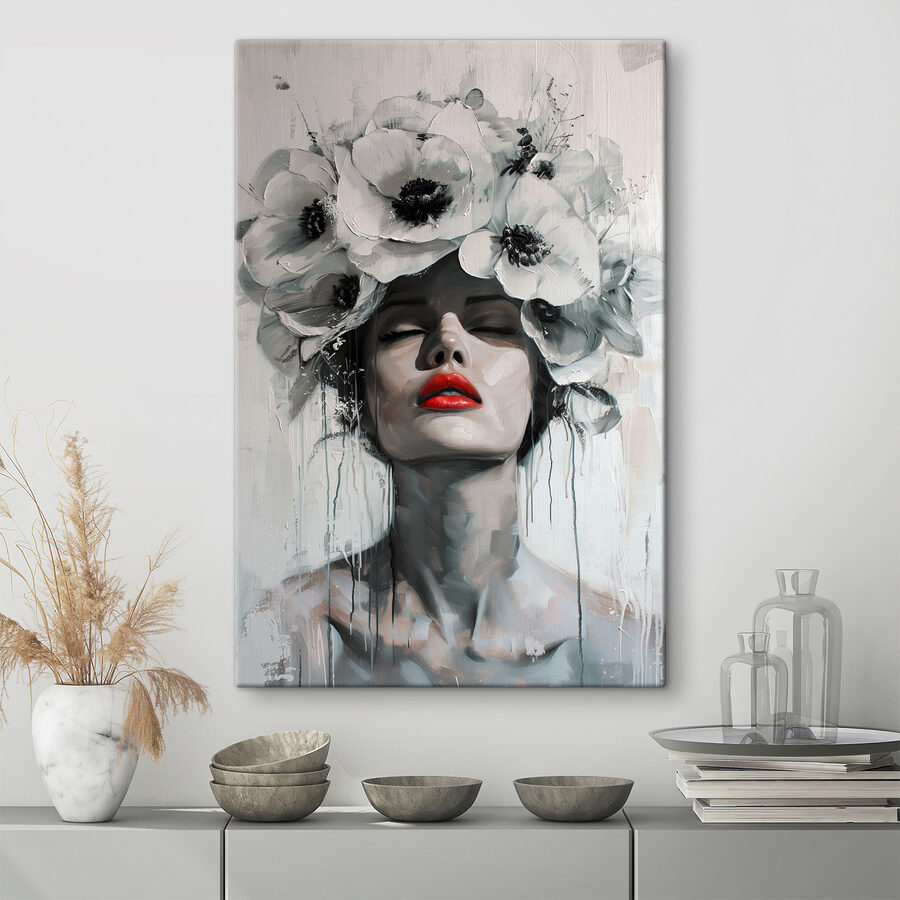 Gemälde einer Frau mit Blumen auf dem Kopf