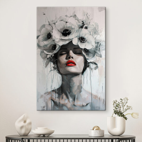 Painting of a woman with flowers on her head Painting of a woman with flowers on her head