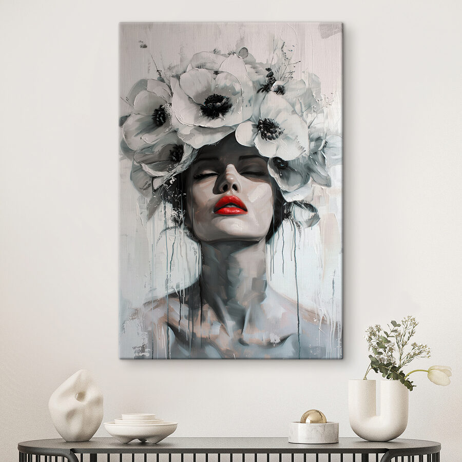 Gemälde einer Frau mit Blumen auf dem Kopf