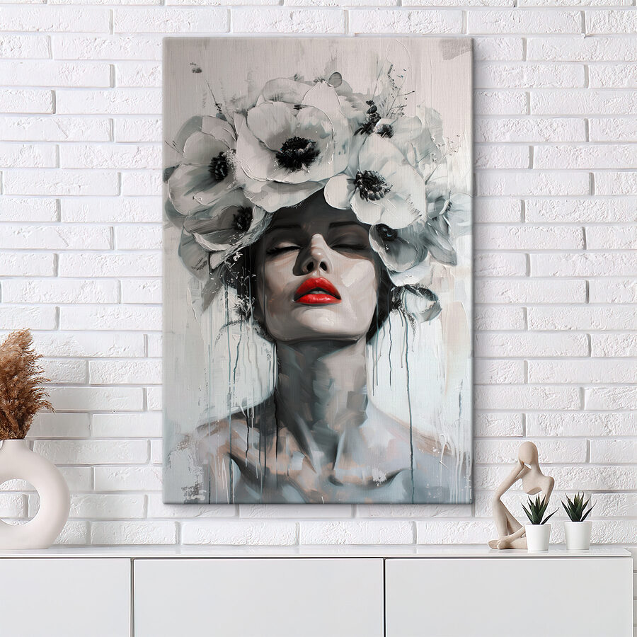 Gemälde einer Frau mit Blumen auf dem Kopf