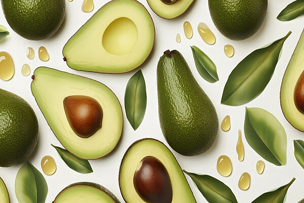 Avocados und Avocados mit Blättern und Wassertropfen Avocados und Avocados mit Blättern und Wassertropfen