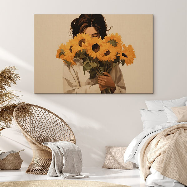 Frau hält einen Strauß Sonnenblumen Frau hält einen Strauß Sonnenblumen