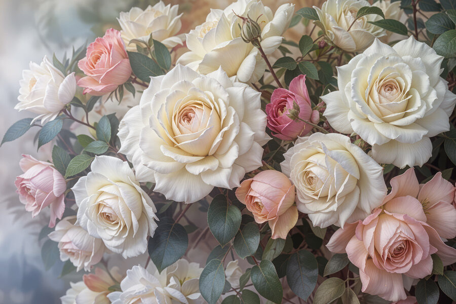 Gruppe von weißen und rosa Rosen