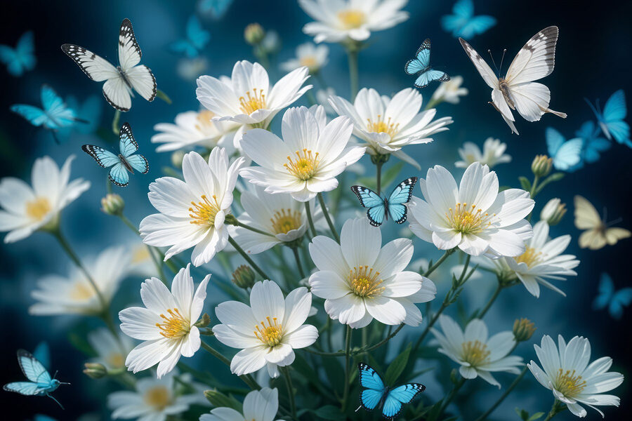 Gruppe von Schmetterlingen fliegen um eine weiße Blume
