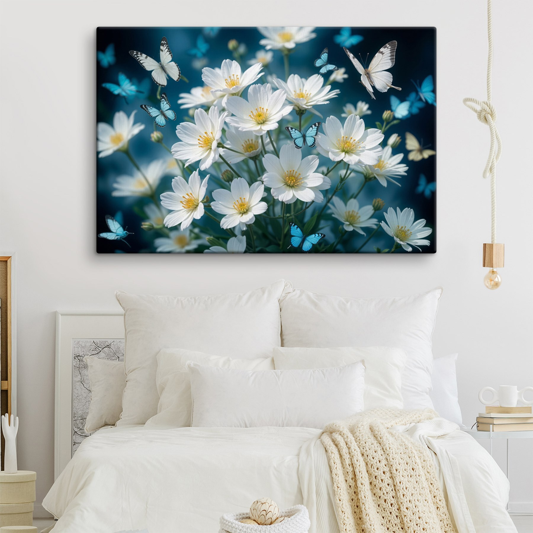 Group of butterflies flying around a white flowers Group of butterflies flying around a white flowers