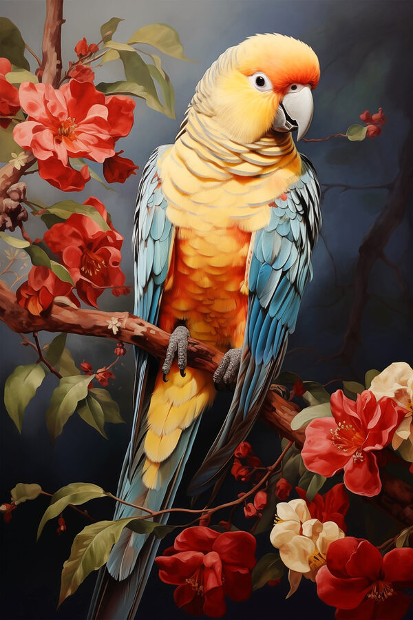 Bunter Vogel sitzt auf einem Zweig mit Blumen Bunter Vogel sitzt auf einem Zweig mit Blumen