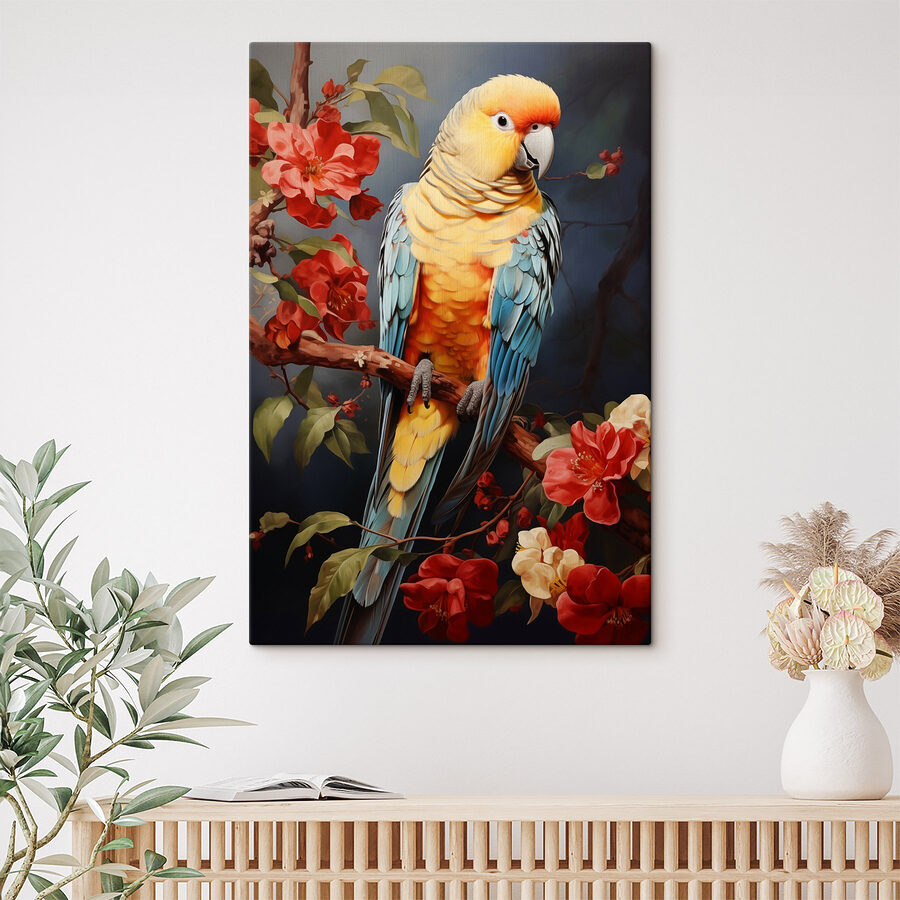 Bunter Vogel sitzt auf einem Zweig mit Blumen