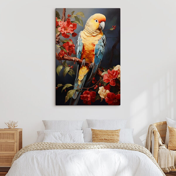 Bunter Vogel sitzt auf einem Zweig mit Blumen Bunter Vogel sitzt auf einem Zweig mit Blumen