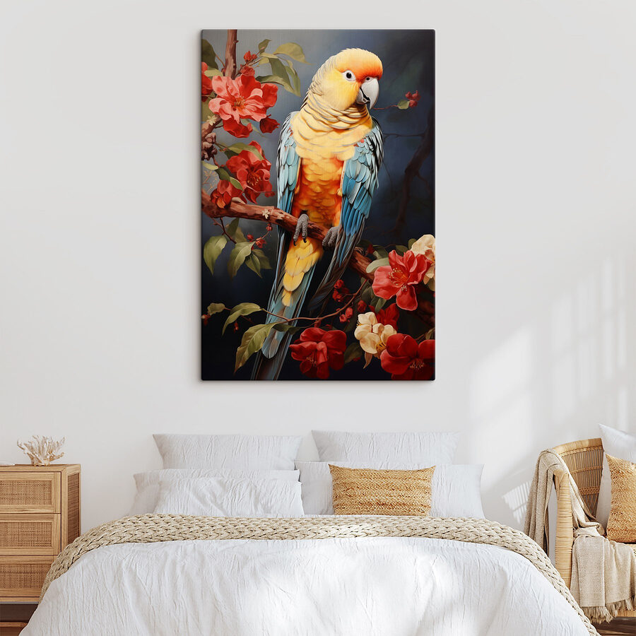 Bunter Vogel sitzt auf einem Zweig mit Blumen
