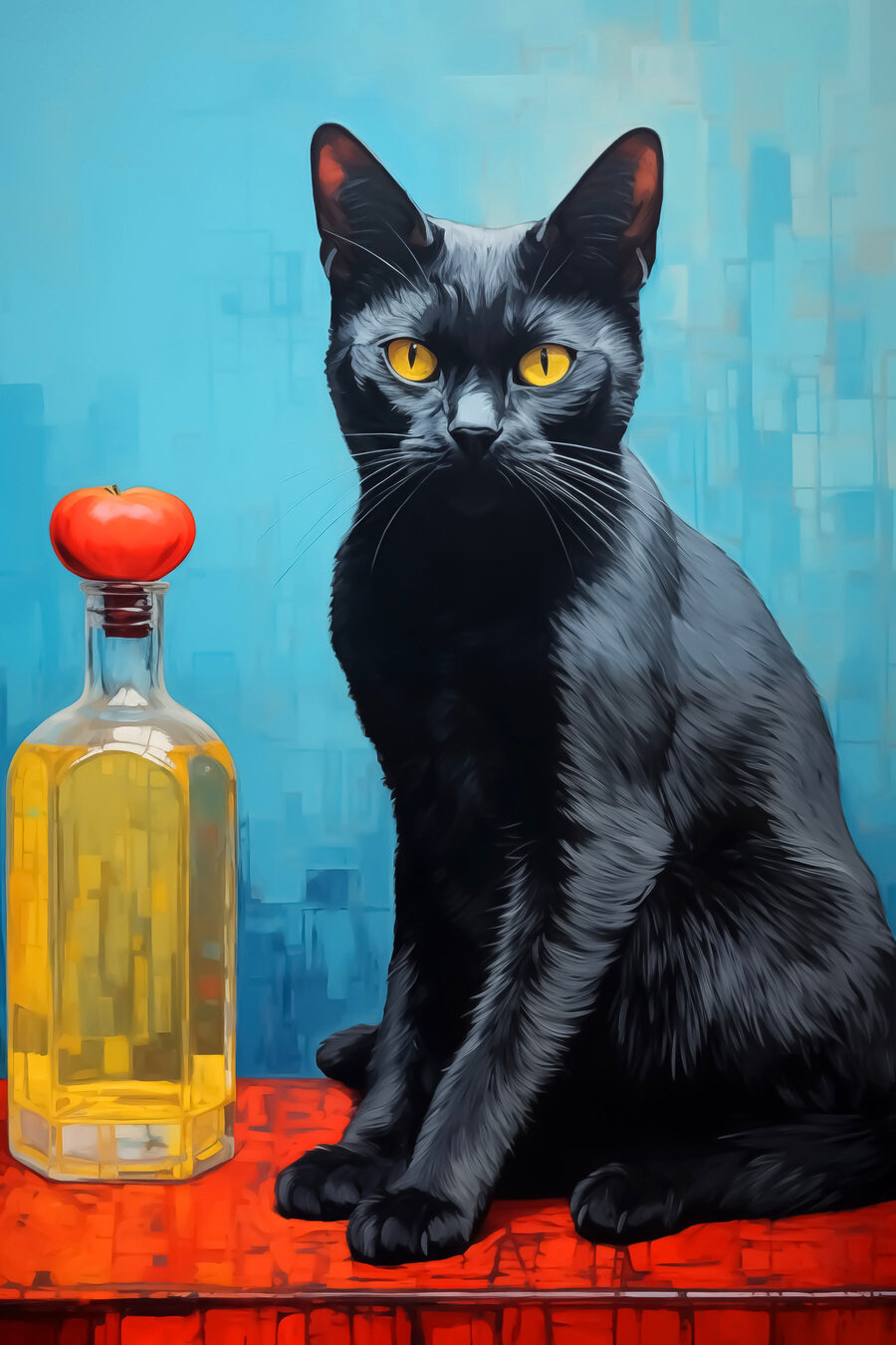 Schwarze Katze sitzt neben einer Flasche mit Flüssigkeit