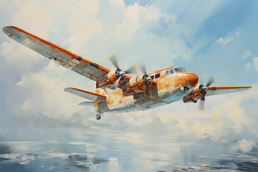 Ein orange-weißes Flugzeug fliegt in den Himmel Ein orange-weißes Flugzeug fliegt in den Himmel