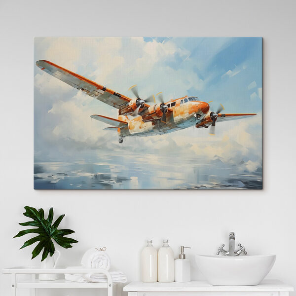 Ein orange-weißes Flugzeug fliegt in den Himmel Ein orange-weißes Flugzeug fliegt in den Himmel