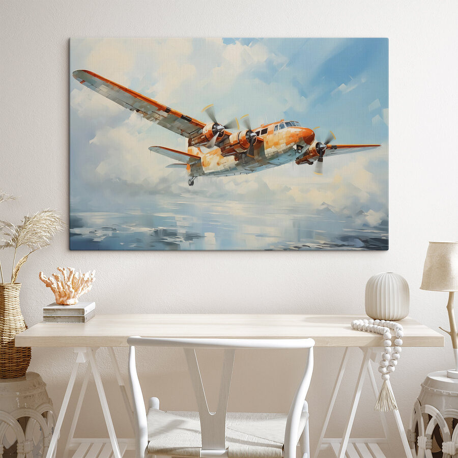 Ein orange-weißes Flugzeug fliegt in den Himmel Ein orange-weißes Flugzeug fliegt in den Himmel