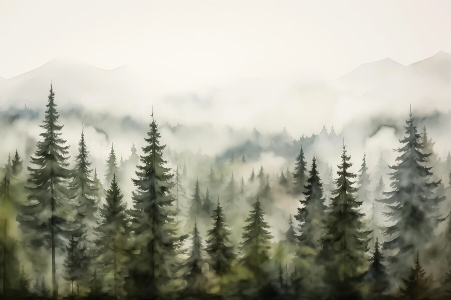 Nebliger Wald mit Bäumen