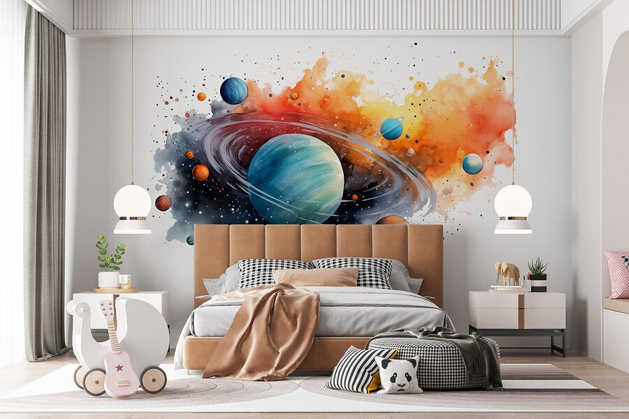 Fototapeten Aquarell von Planeten und Sternen
