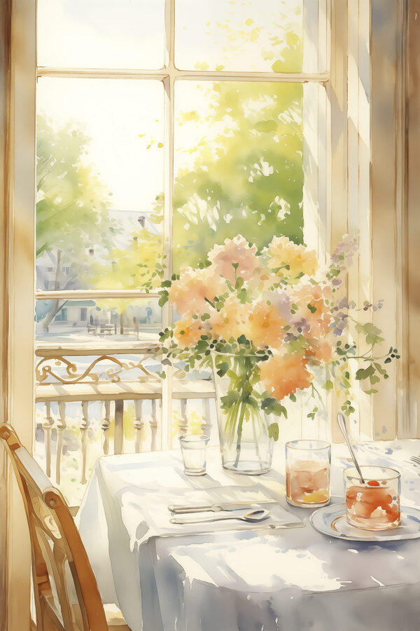 Watercolor painting of a table with flowers and glasses