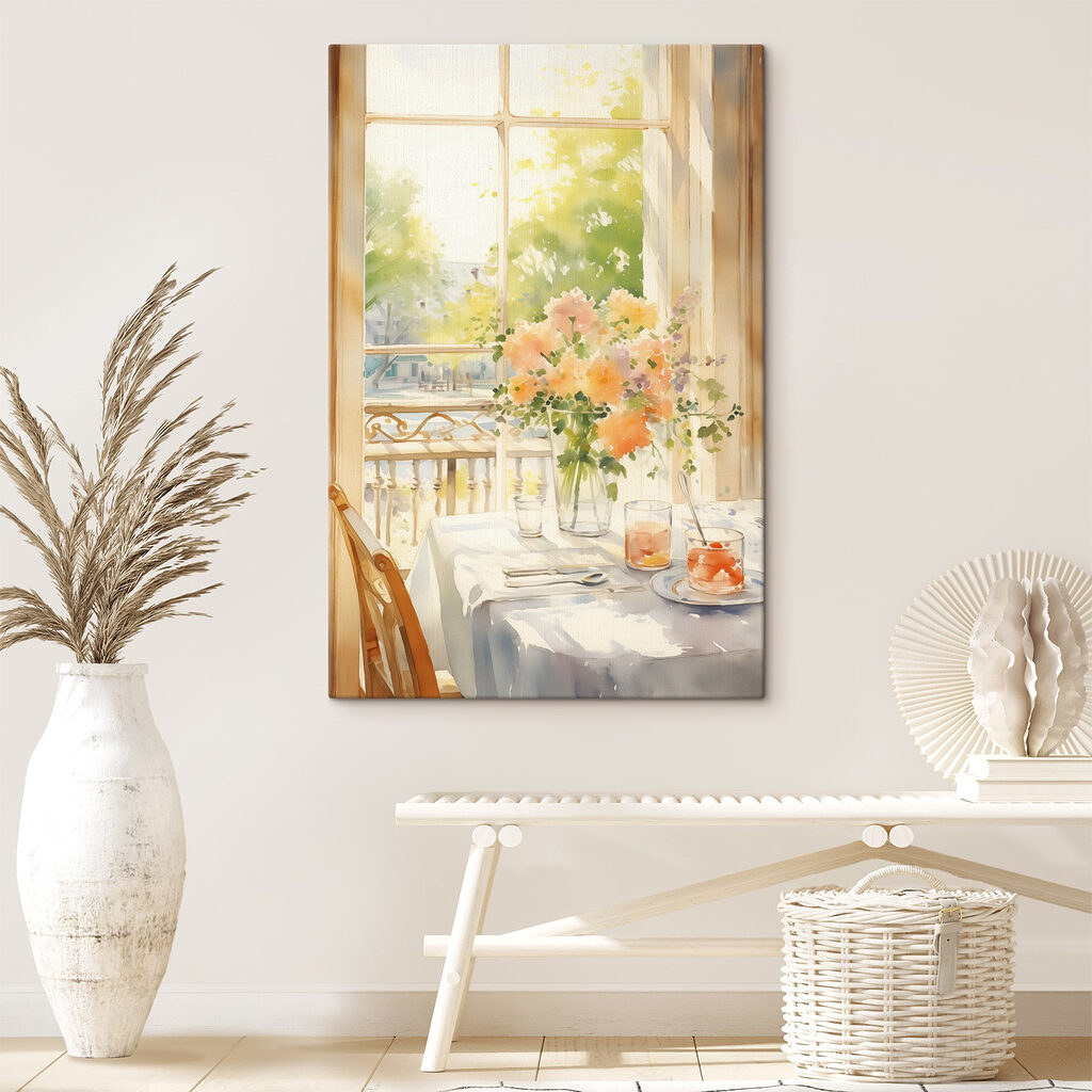 Watercolor painting of a table with flowers and glasses